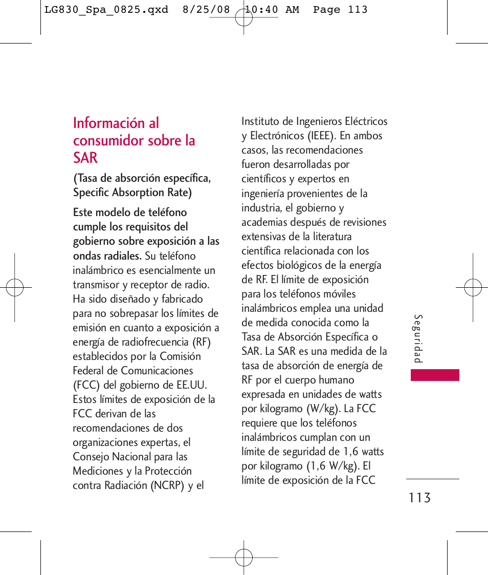 Información al consumidor sobre la sar | LG LG830 User Manual | Page 240 / 255