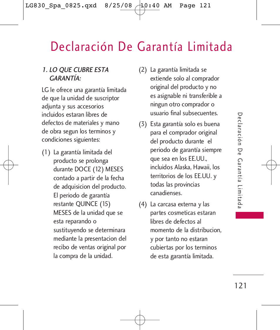 Declaración de garantía limitada | LG LG830 User Manual | Page 248 / 255