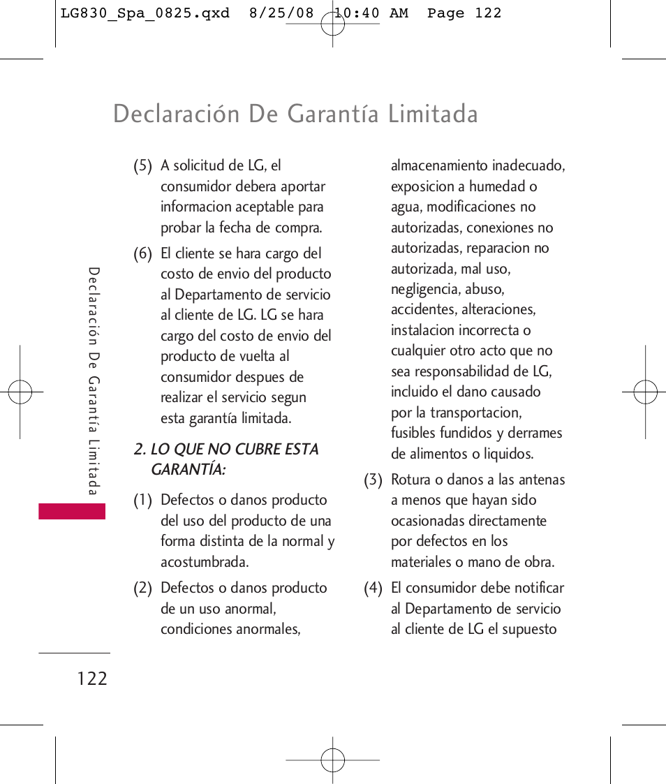 Declaración de garantía limitada | LG LG830 User Manual | Page 249 / 255