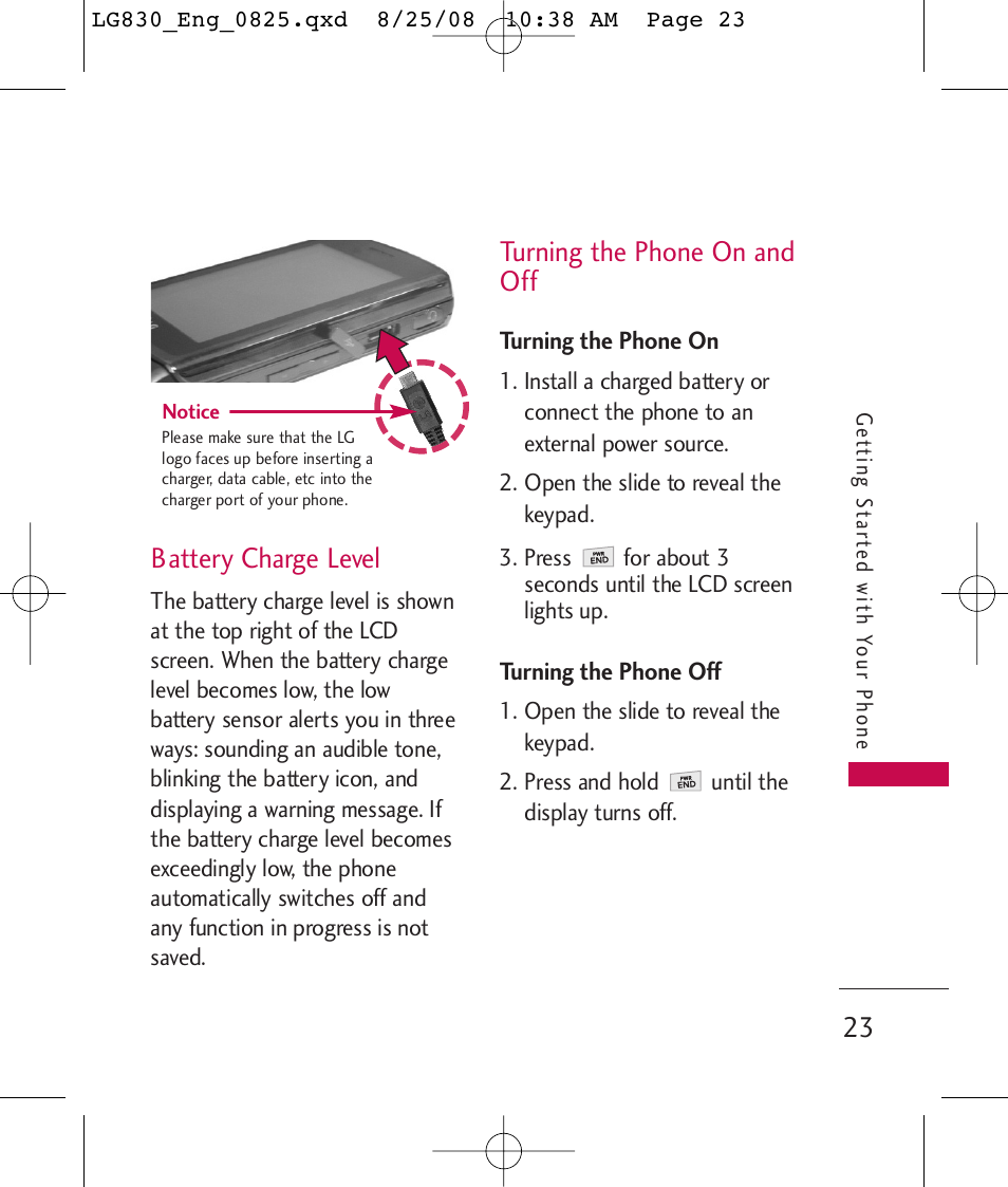 Battery charge level, Turning the phone on and off | LG LG830 User Manual | Page 25 / 255