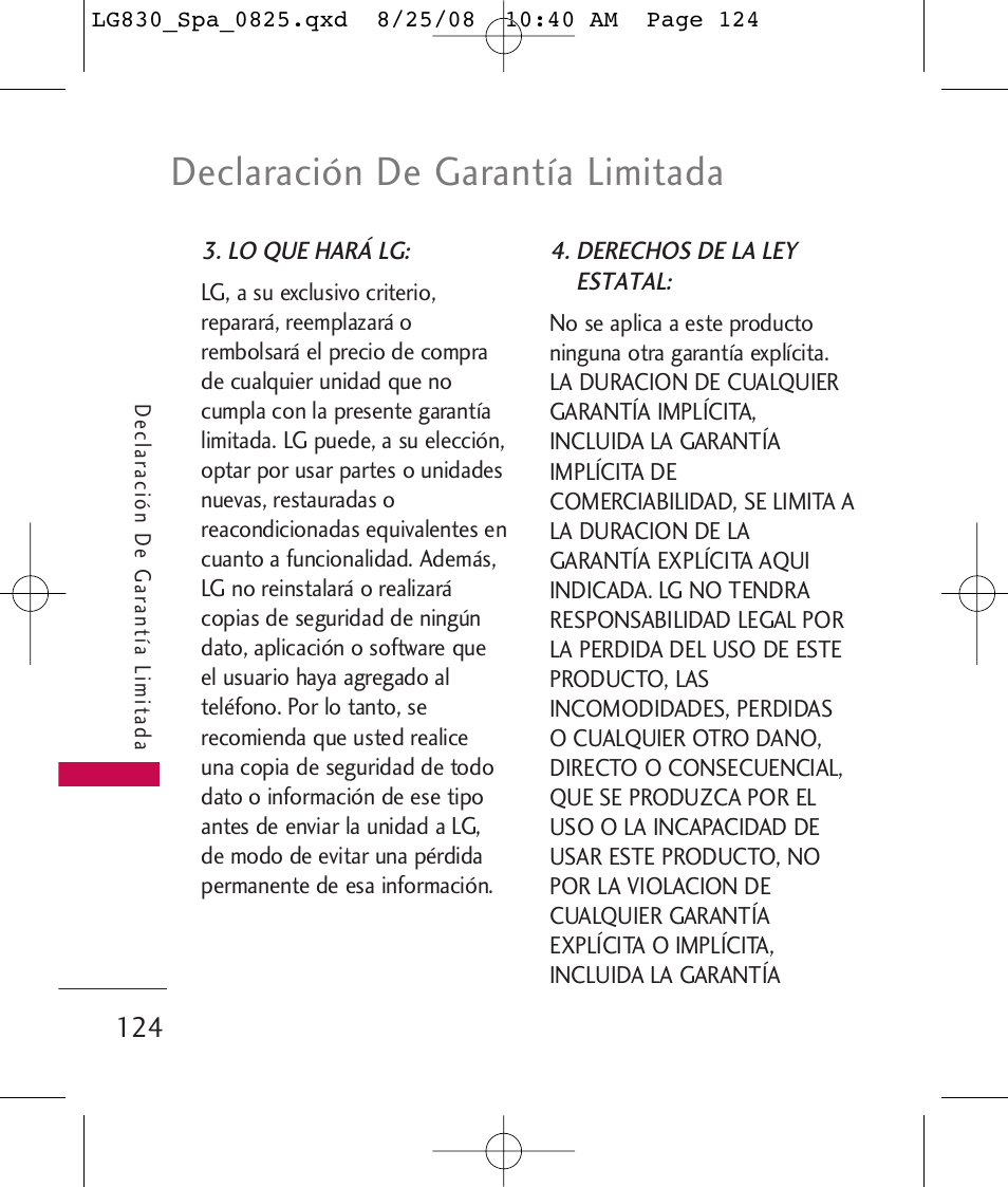 Declaración de garantía limitada | LG LG830 User Manual | Page 251 / 255