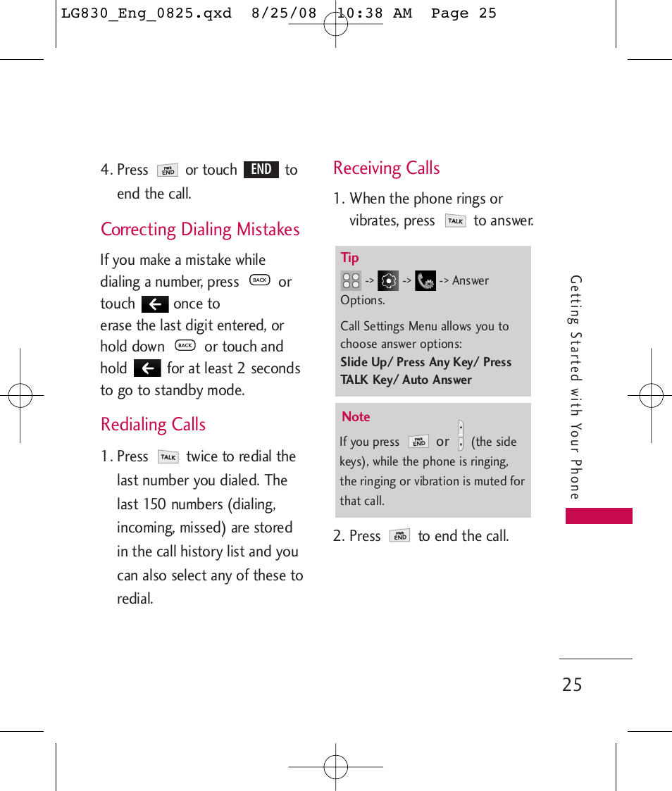 Correcting dialing mistakes, Redialing calls, Receiving calls | LG LG830 User Manual | Page 27 / 255