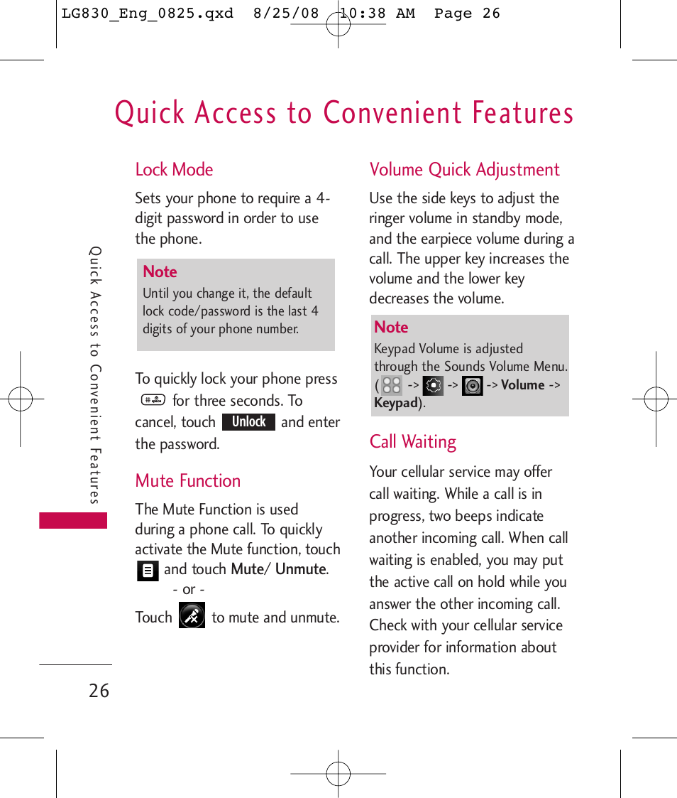 Quick access to convenient features, Lock mode, Mute function | Volume quick adjustment, Call waiting | LG LG830 User Manual | Page 28 / 255