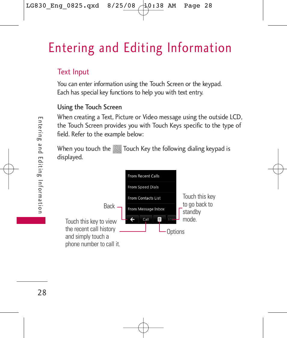 Entering and editing information | LG LG830 User Manual | Page 30 / 255