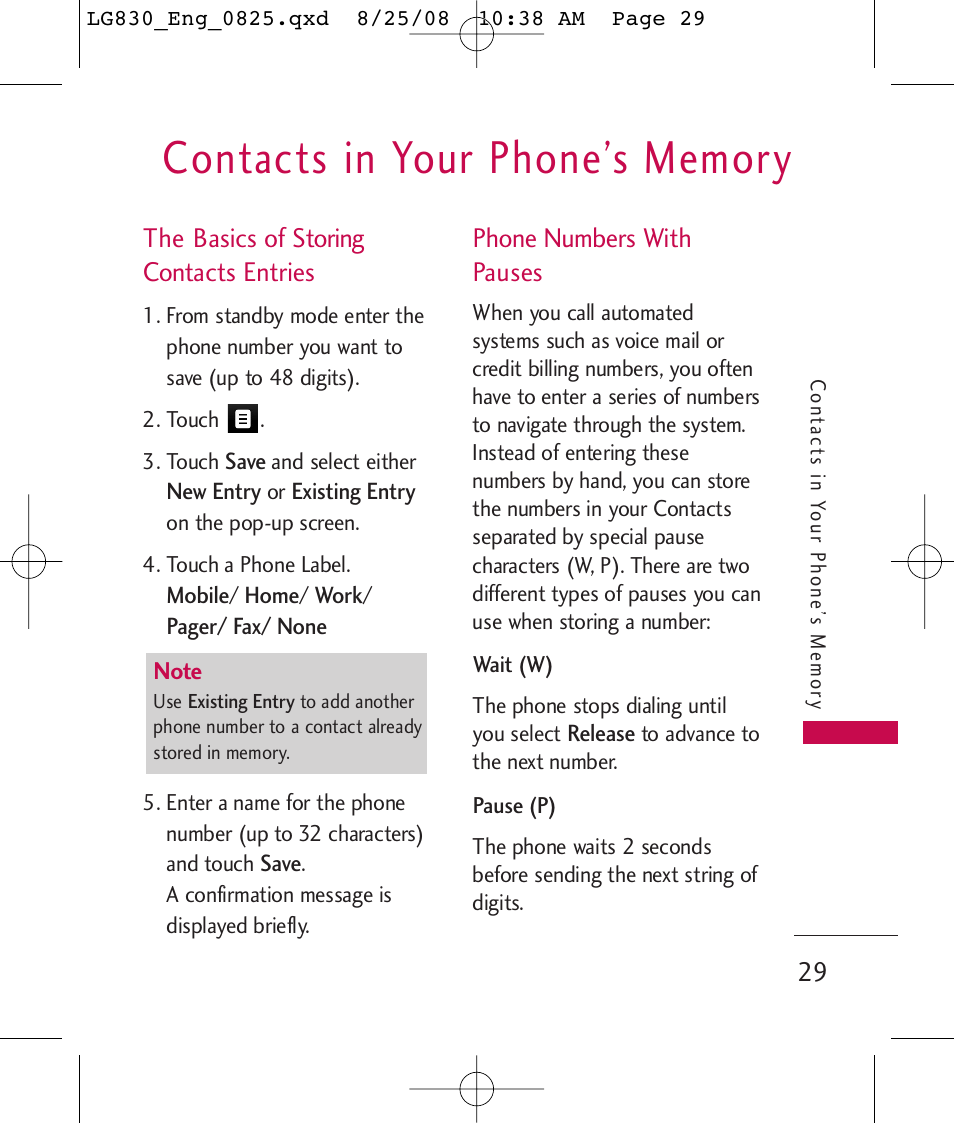 The basics of storing contacts entries, Phone numbers with pauses | LG LG830 User Manual | Page 31 / 255