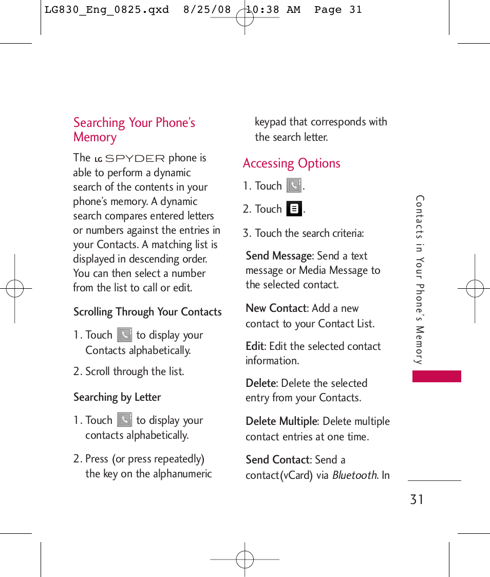 Accessing options | LG LG830 User Manual | Page 33 / 255