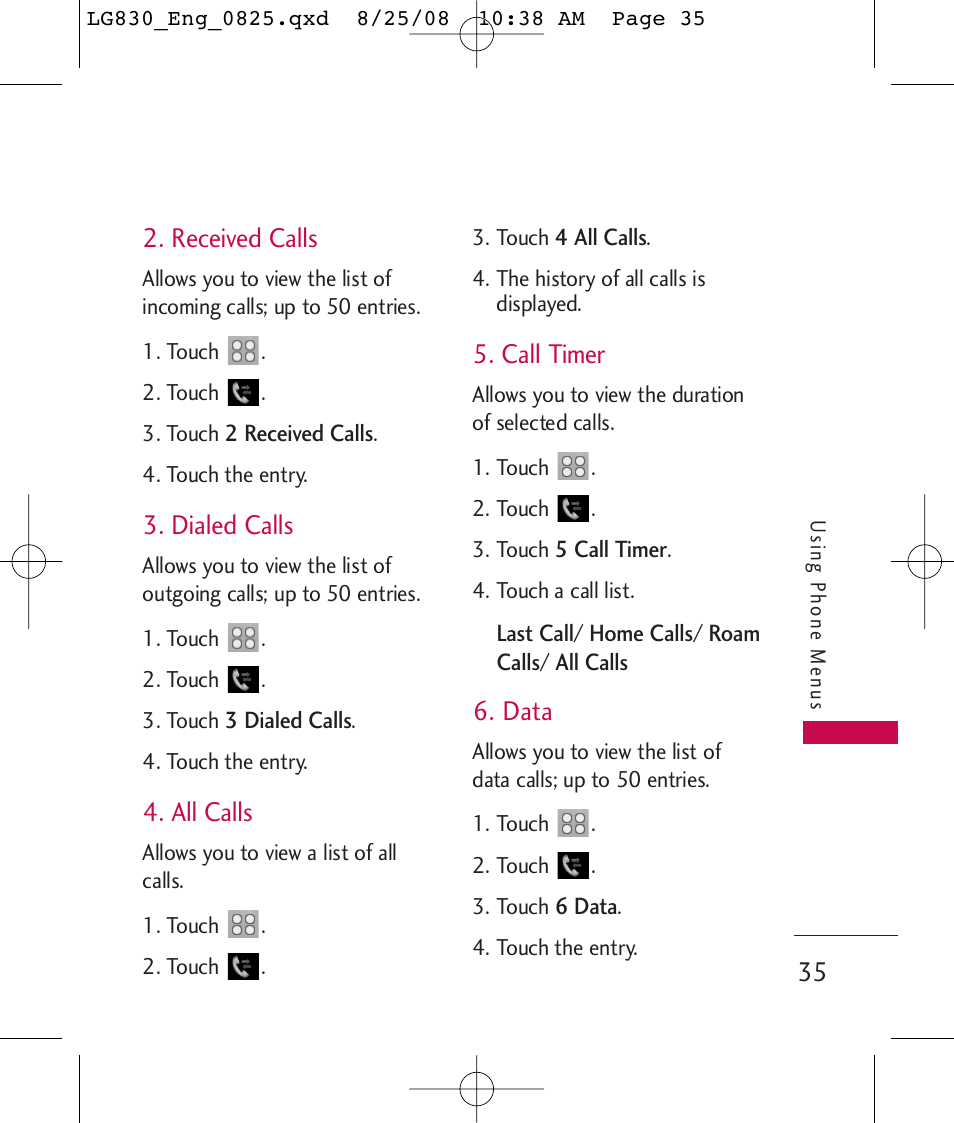 Received calls, Dialed calls, All calls | Call timer, Data | LG LG830 User Manual | Page 37 / 255