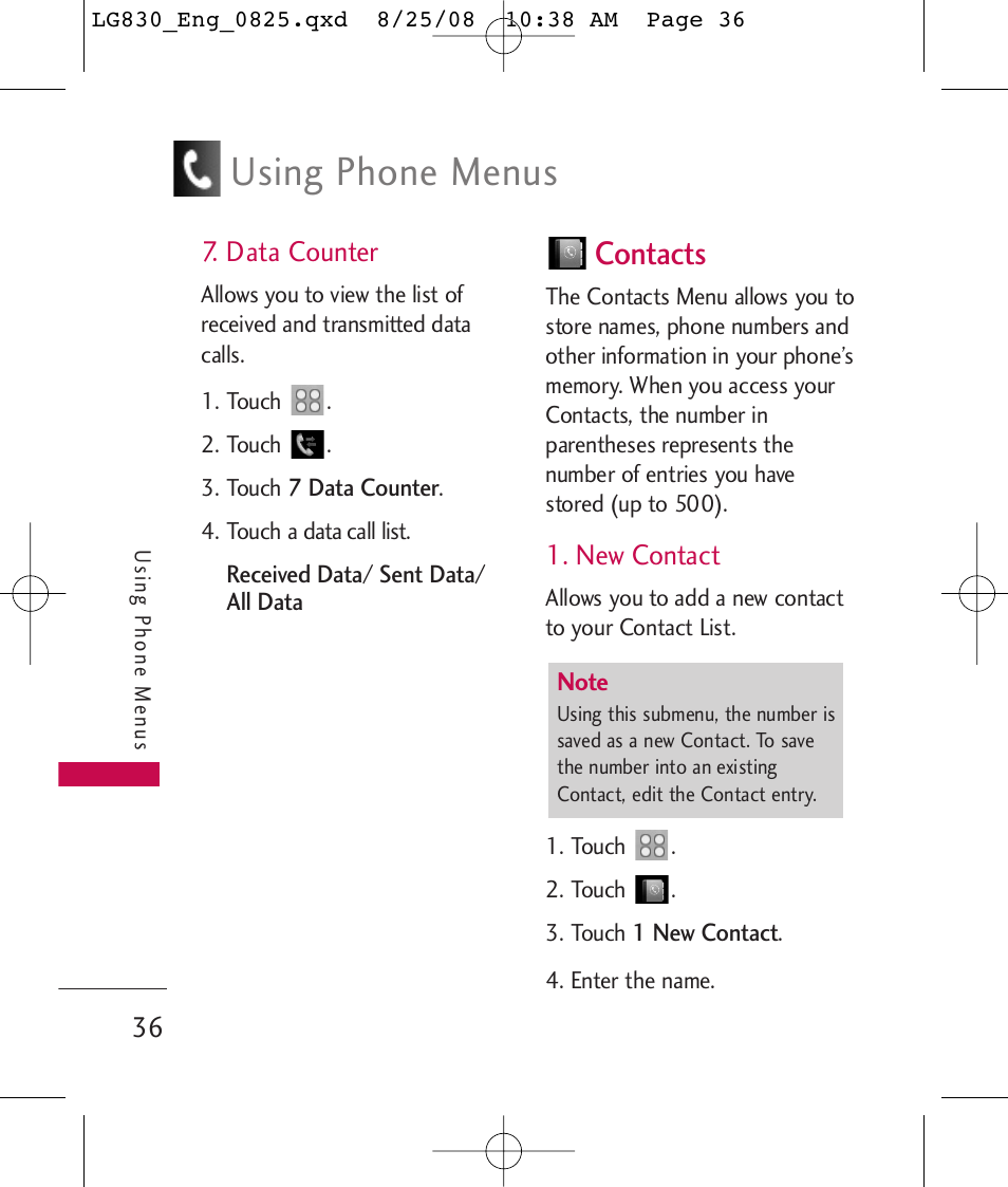 Using phone menus, Contacts, Data counter | New contact | LG LG830 User Manual | Page 38 / 255