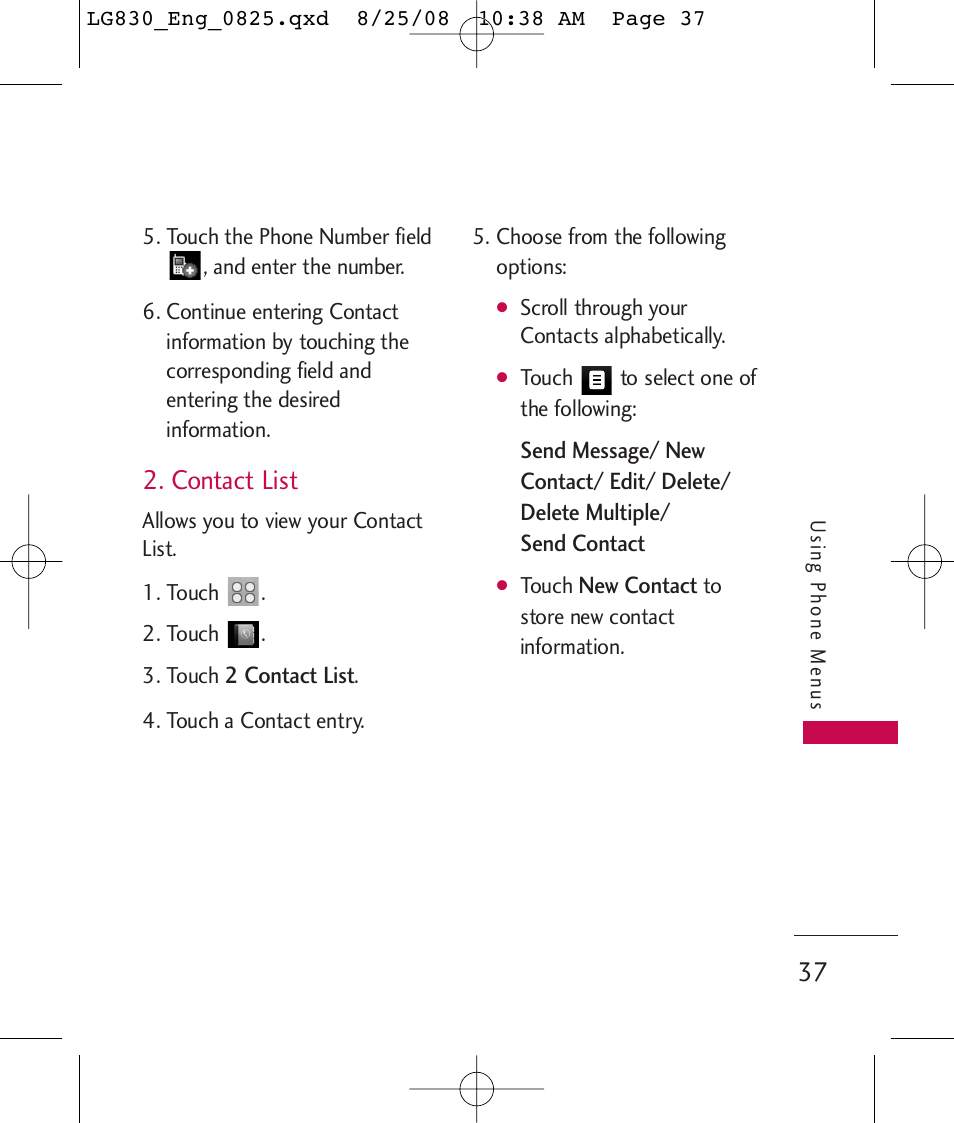 Contact list | LG LG830 User Manual | Page 39 / 255