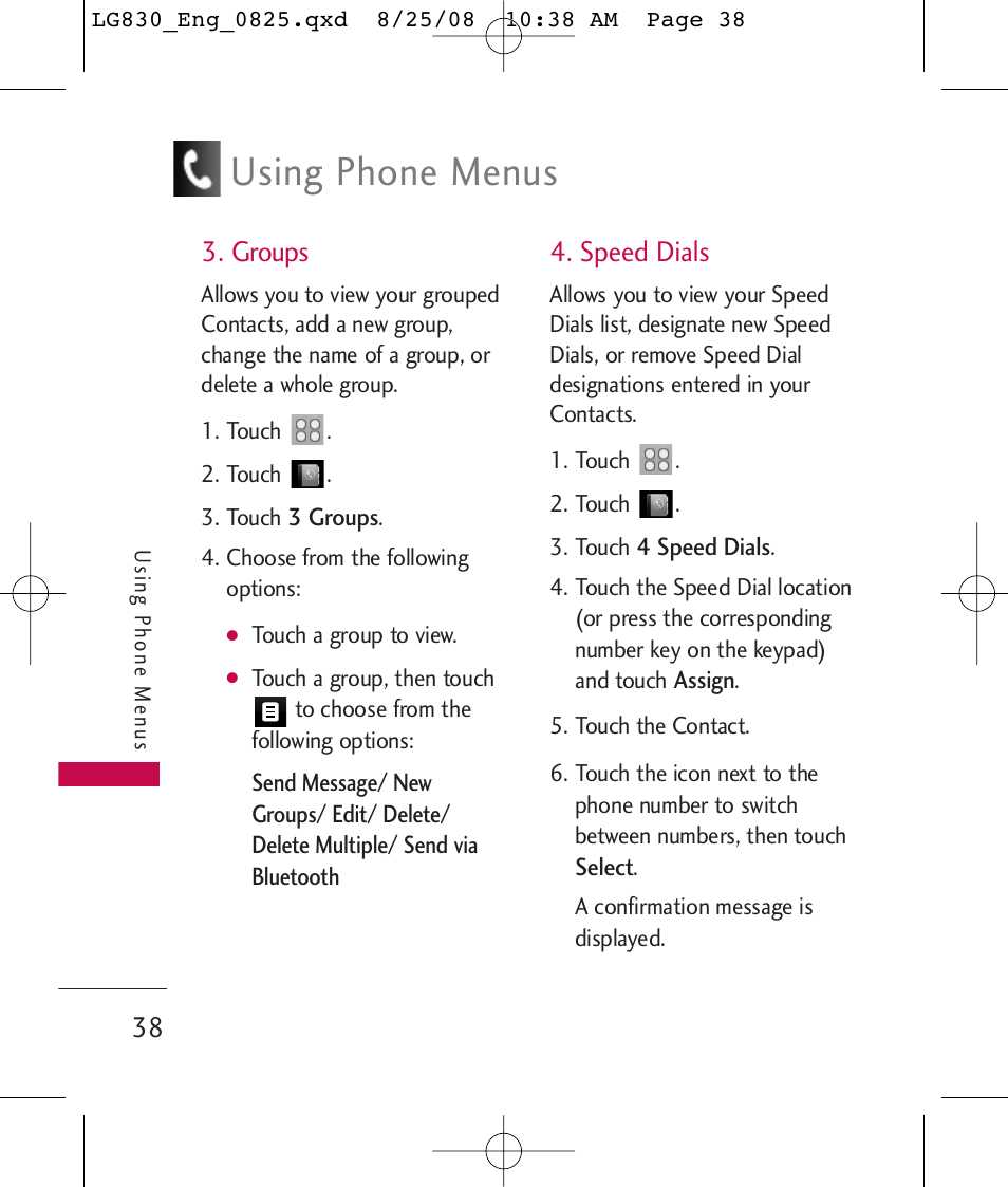 Using phone menus, Groups, Speed dials | LG LG830 User Manual | Page 40 / 255