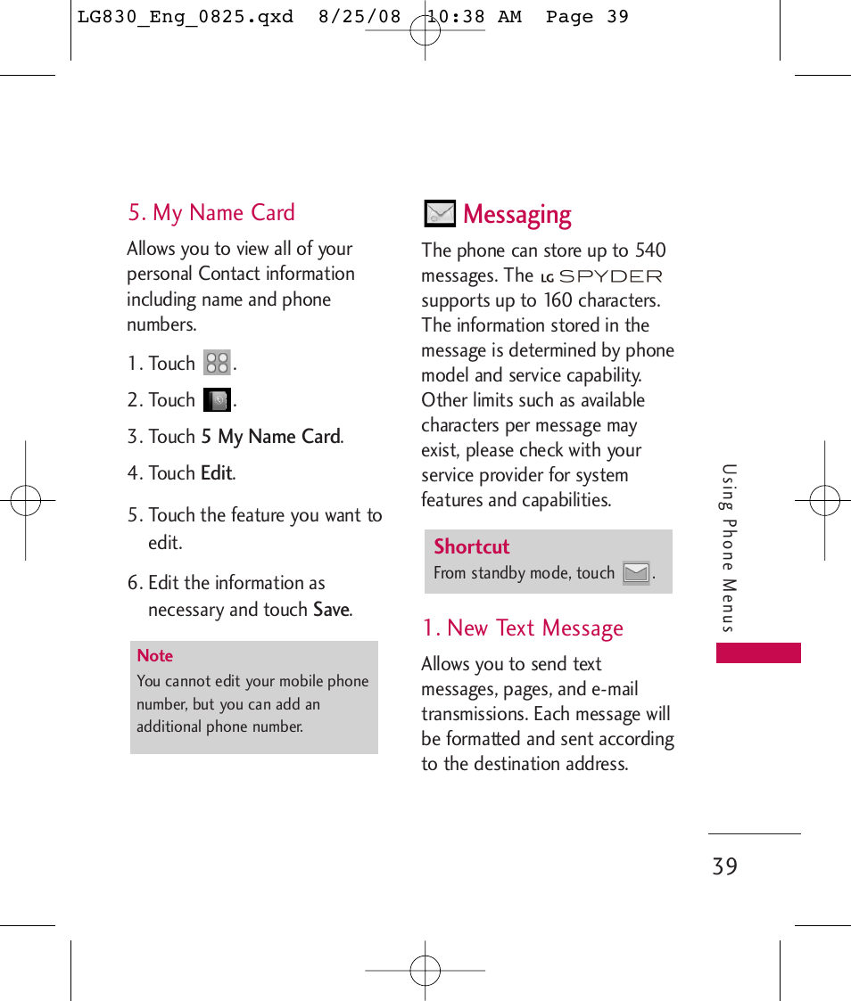 Messaging, My name card, New text message | LG LG830 User Manual | Page 41 / 255