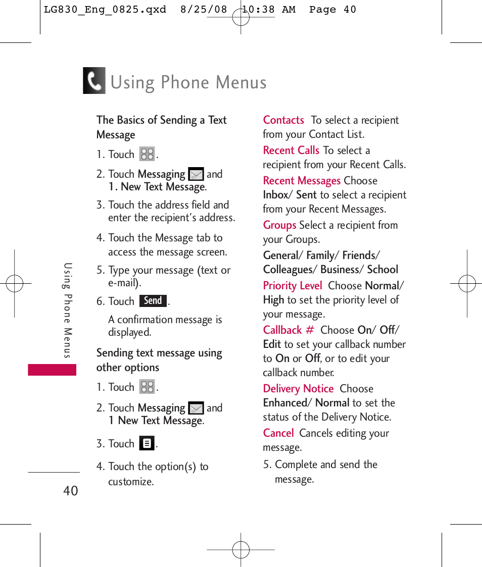 Using phone menus | LG LG830 User Manual | Page 42 / 255