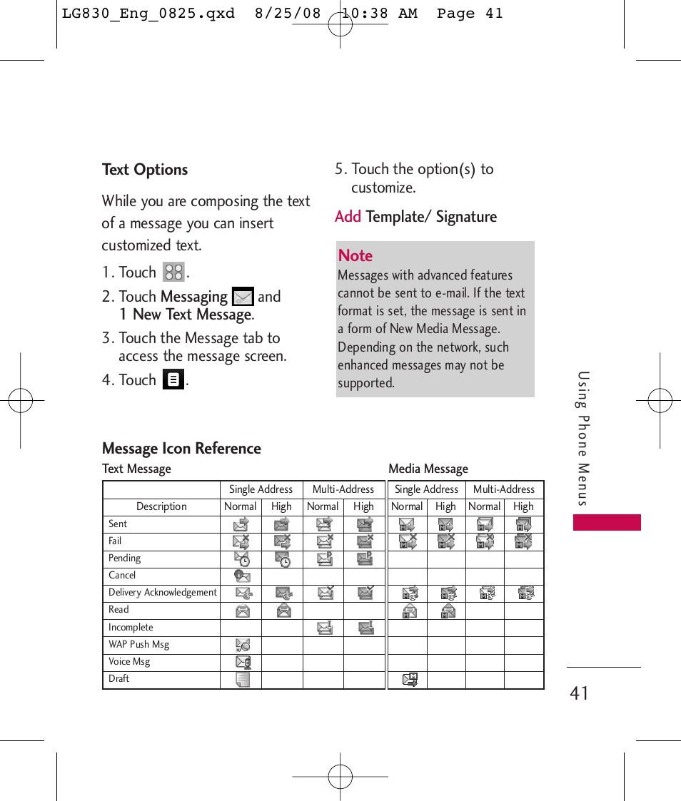 Text options, Messaging, 1 new text message | Add template/ signature, Message icon reference | LG LG830 User Manual | Page 43 / 255