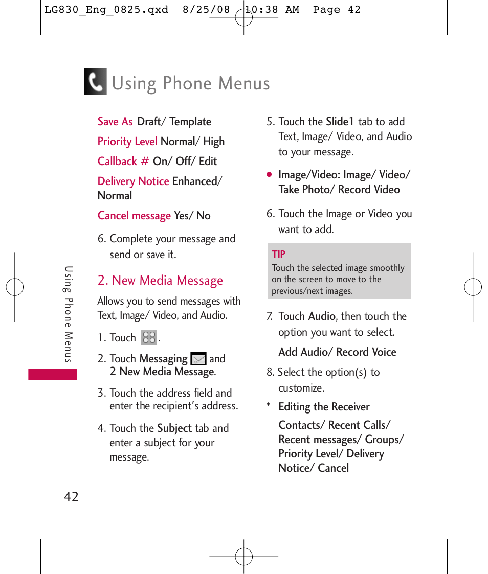 Using phone menus, New media message | LG LG830 User Manual | Page 44 / 255