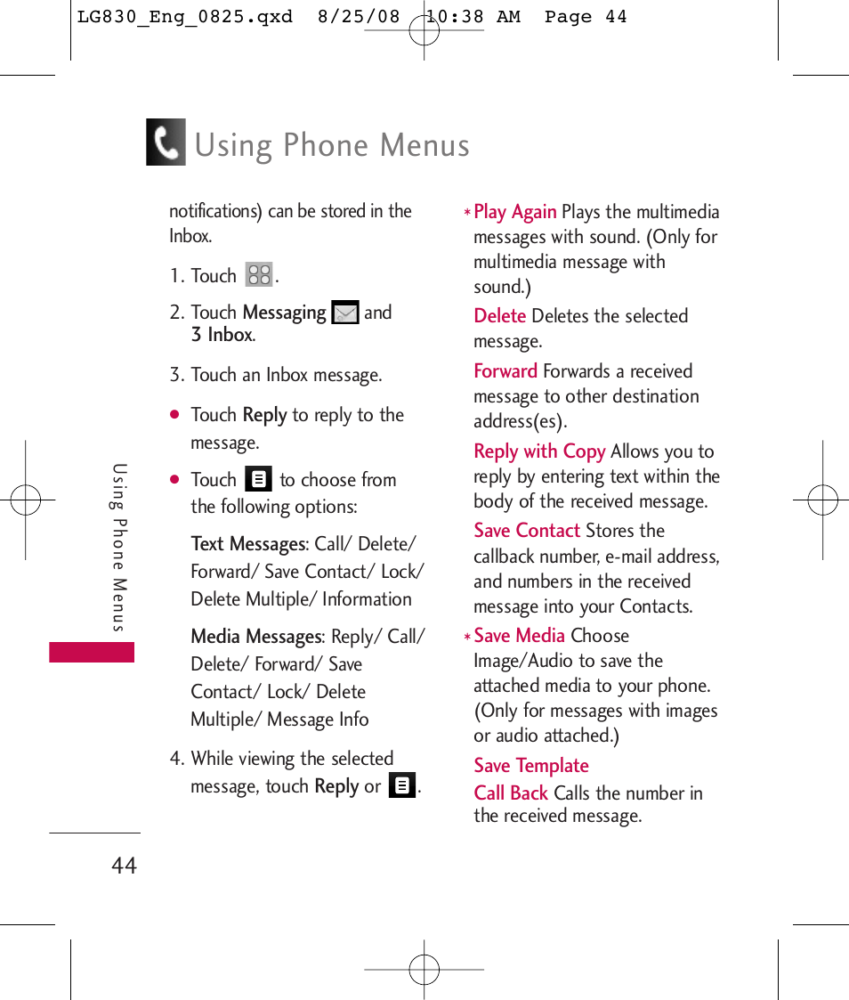 Using phone menus | LG LG830 User Manual | Page 46 / 255