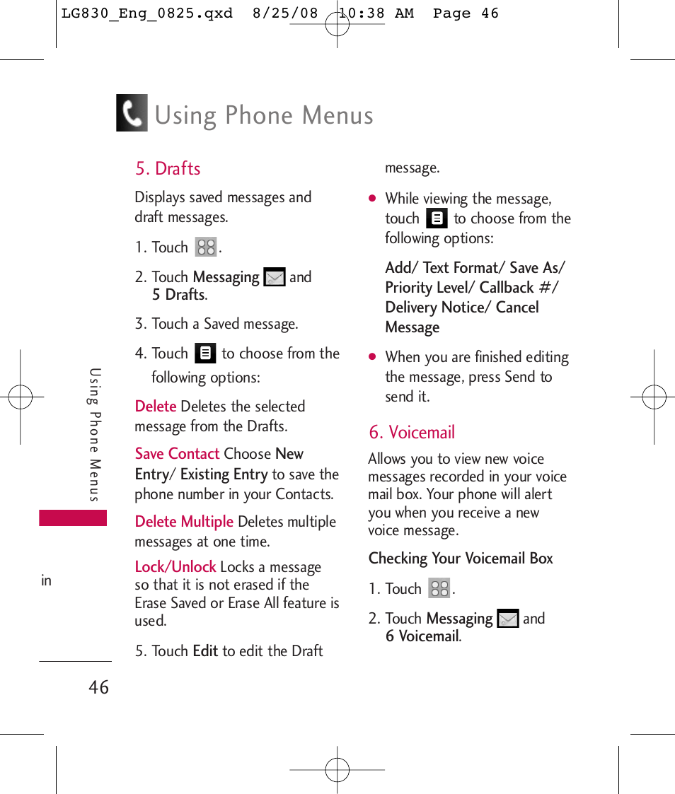 Using phone menus, Drafts, Voicemail | LG LG830 User Manual | Page 48 / 255