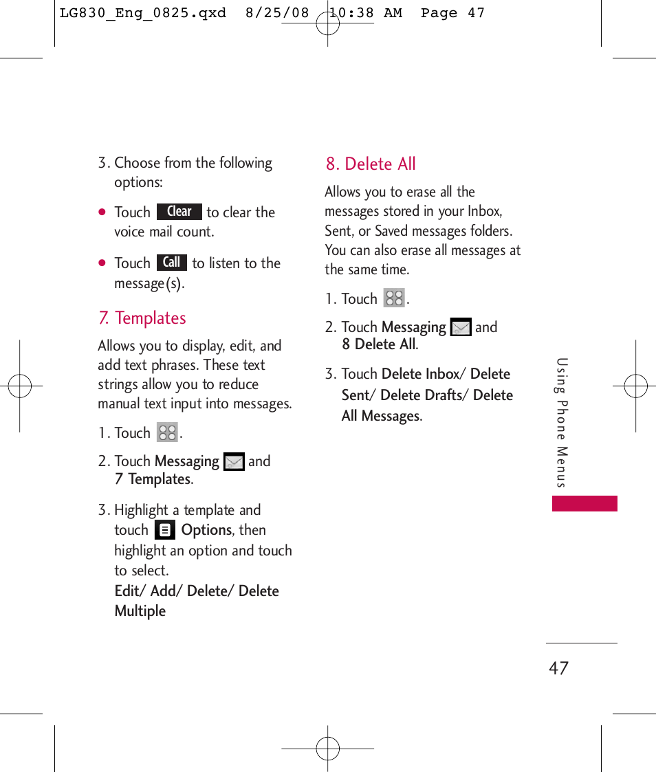 Templates, Delete all | LG LG830 User Manual | Page 49 / 255