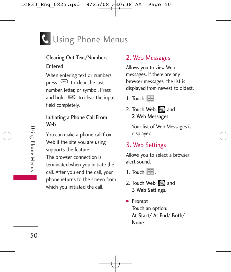 Using phone menus, Web messages, Web settings | LG LG830 User Manual | Page 52 / 255