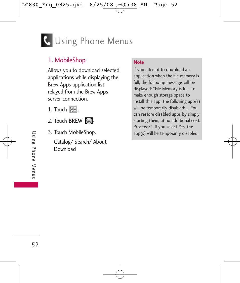 Using phone menus, Mobileshop | LG LG830 User Manual | Page 54 / 255