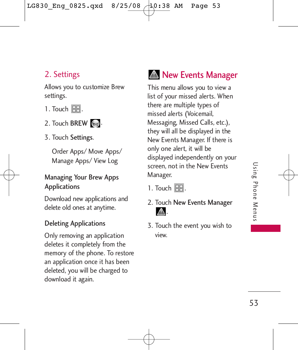 New events manager, Settings | LG LG830 User Manual | Page 55 / 255