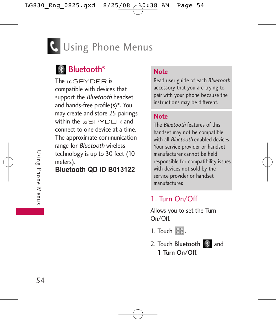 Using phone menus, Bluetooth, Turn on/off | LG LG830 User Manual | Page 56 / 255