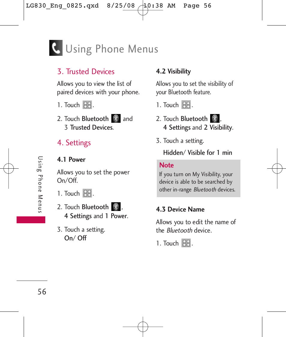 Using phone menus, Trusted devices, Settings | LG LG830 User Manual | Page 58 / 255