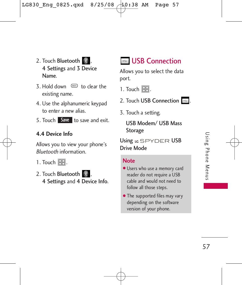 Usb connection | LG LG830 User Manual | Page 59 / 255