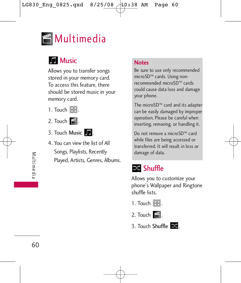 Multimedia, Music, Shuffle | LG LG830 User Manual | Page 62 / 255