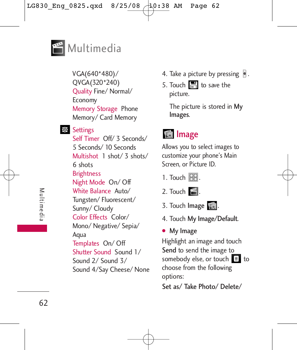Multimedia, Image | LG LG830 User Manual | Page 64 / 255