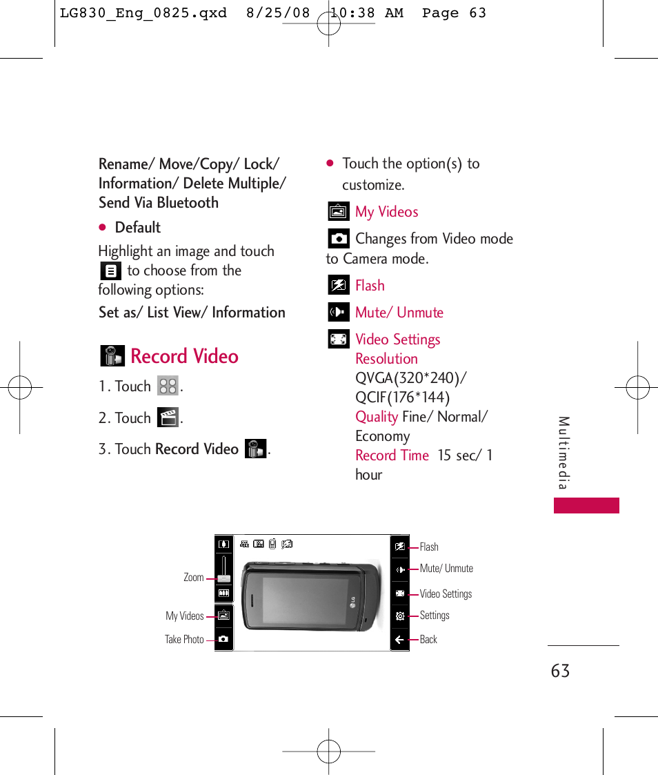 Record video | LG LG830 User Manual | Page 65 / 255