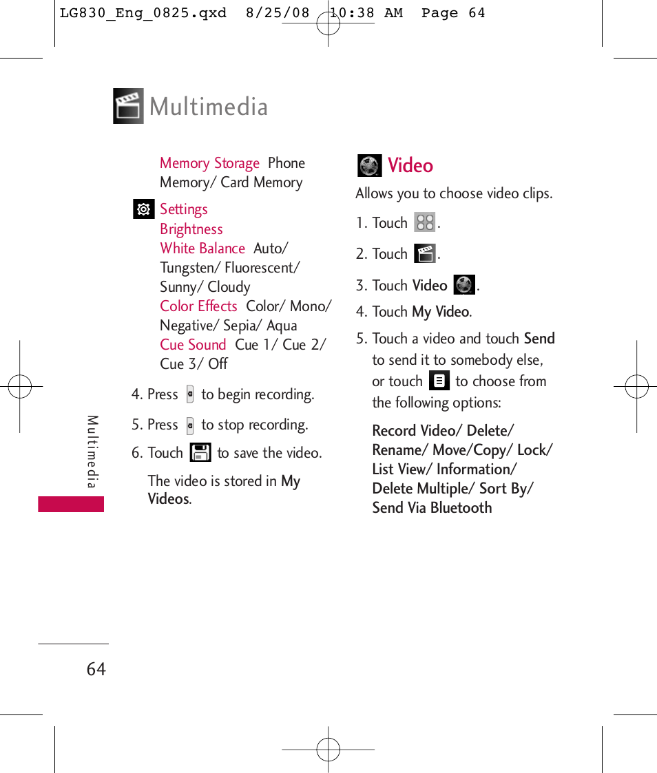Multimedia, Video | LG LG830 User Manual | Page 66 / 255