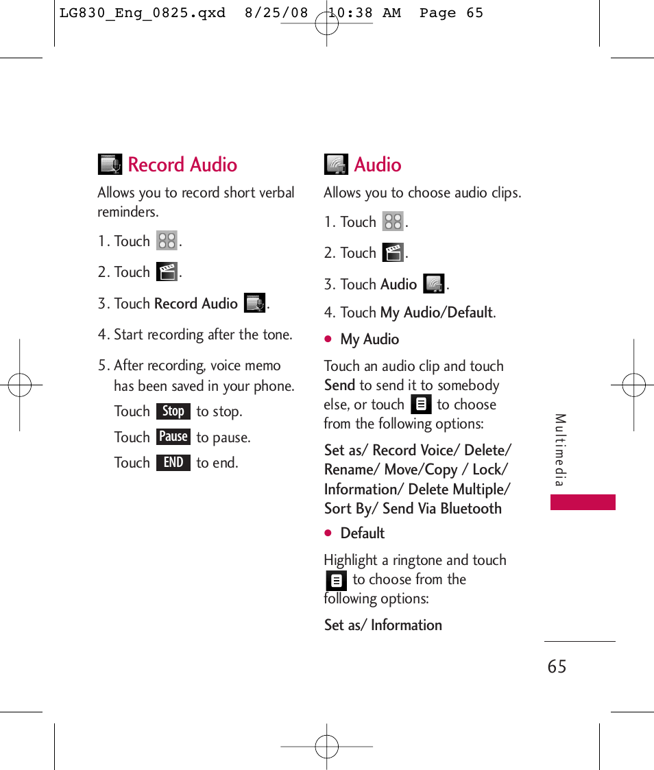 Record audio, Audio | LG LG830 User Manual | Page 67 / 255