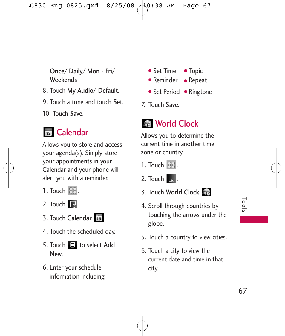 Calendar, World clock | LG LG830 User Manual | Page 69 / 255