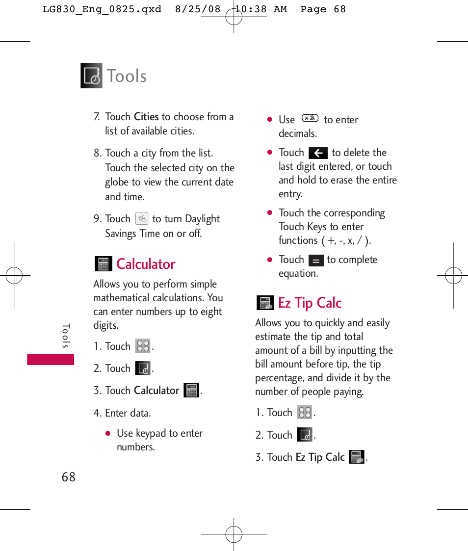 Tools, Calculator, Ez tip calc | LG LG830 User Manual | Page 70 / 255