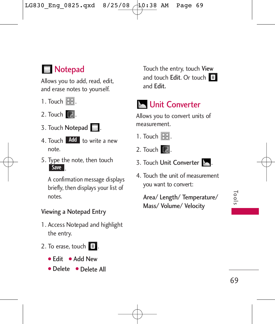 Unit converter | LG LG830 User Manual | Page 71 / 255