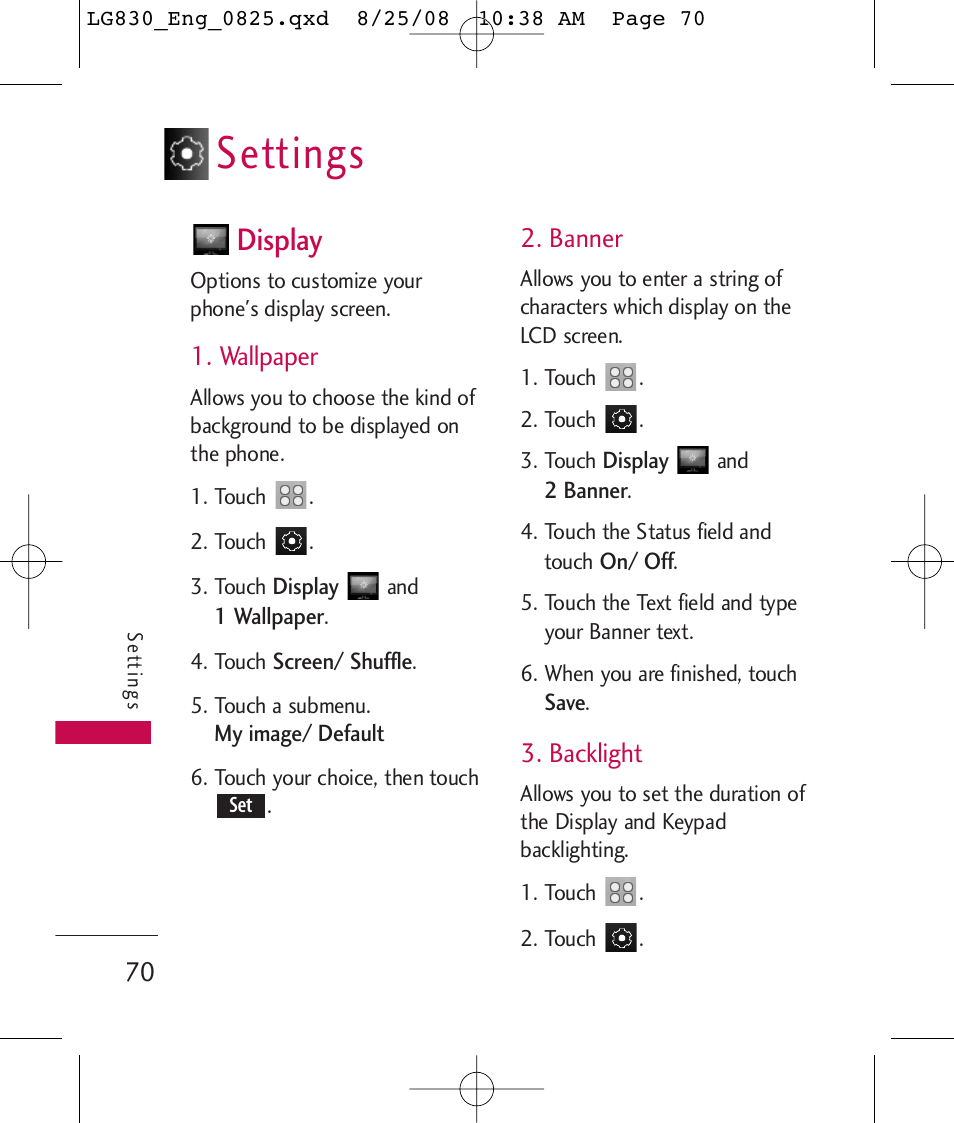 Settings, Display, Wallpaper | Banner, Backlight | LG LG830 User Manual | Page 72 / 255