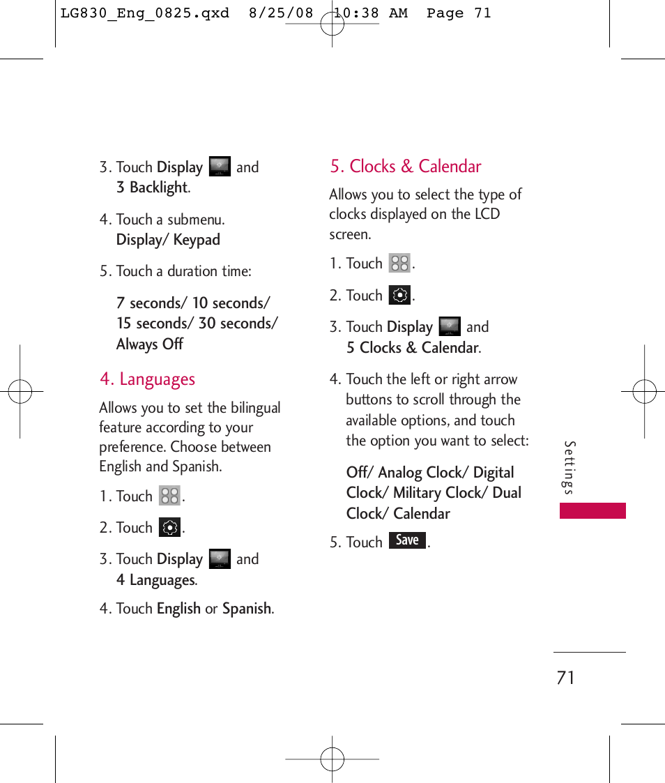 Languages, Clocks & calendar | LG LG830 User Manual | Page 73 / 255