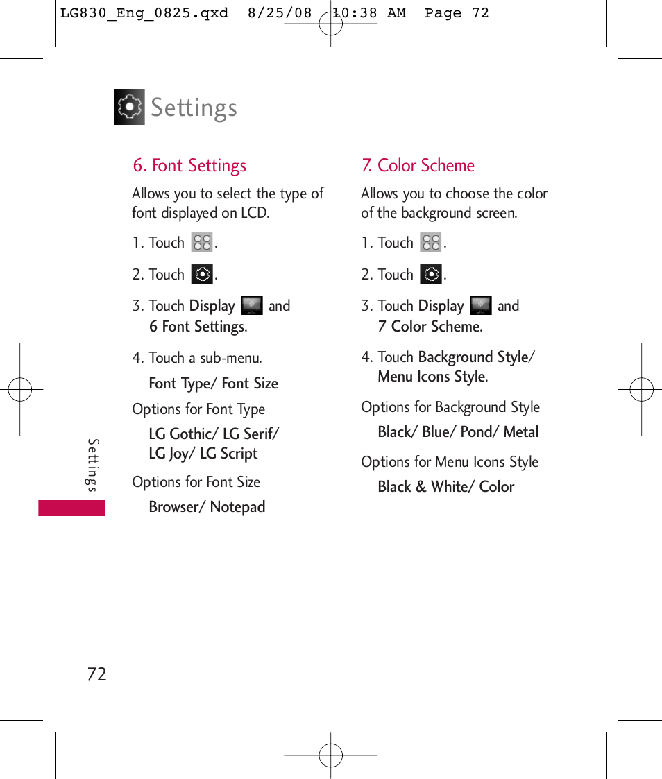 Settings, Font settings, Color scheme | LG LG830 User Manual | Page 74 / 255