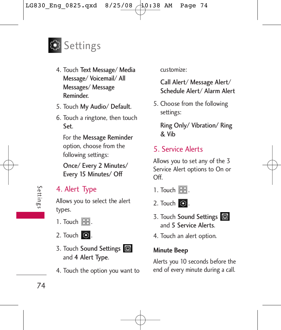 Settings, Alert type, Service alerts | LG LG830 User Manual | Page 76 / 255