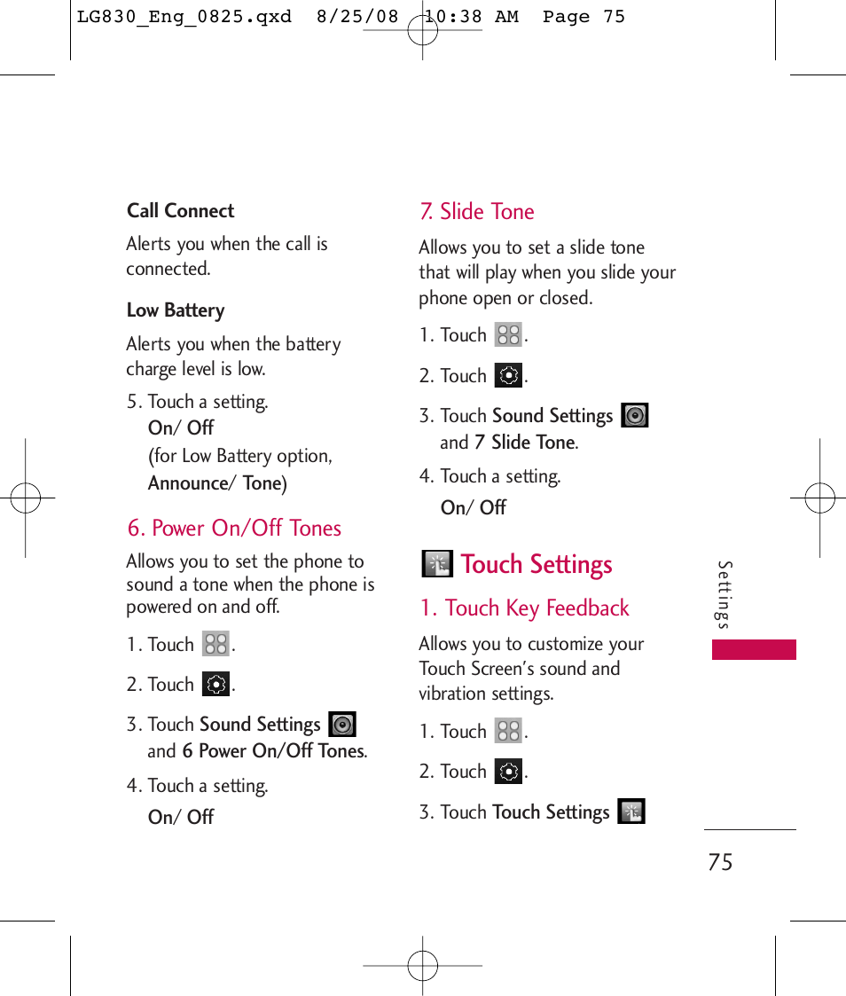 Touch settings, Power on/off tones, Slide tone | Touch key feedback | LG LG830 User Manual | Page 77 / 255