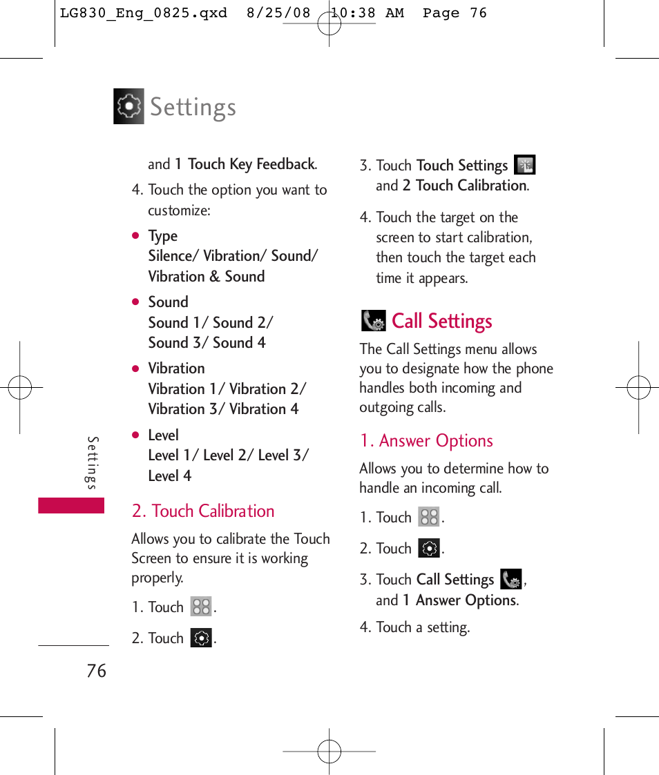 Settings, Call settings, Touch calibration | Answer options | LG LG830 User Manual | Page 78 / 255