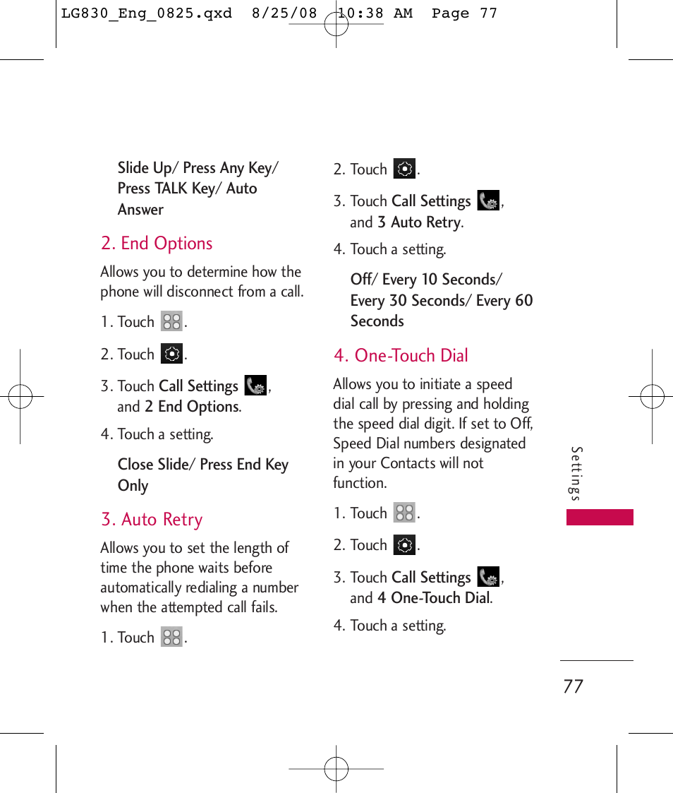 End options, Auto retry, One-touch dial | LG LG830 User Manual | Page 79 / 255