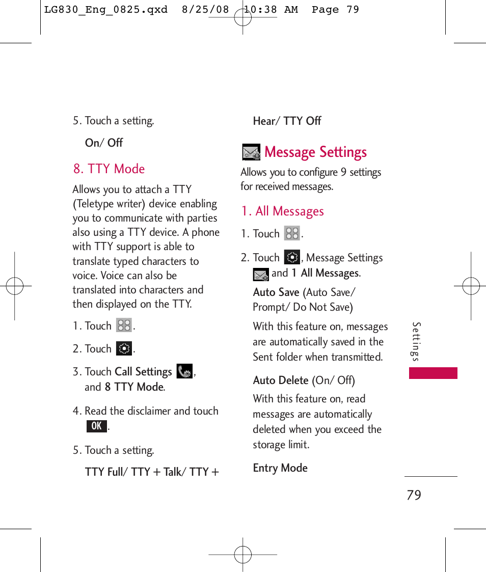 Message settings, Tty mode, All messages | LG LG830 User Manual | Page 81 / 255