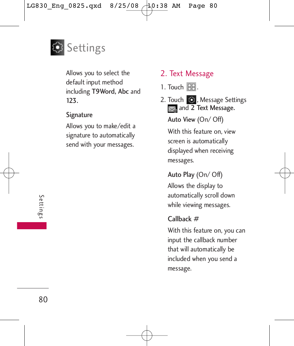 Settings, Text message | LG LG830 User Manual | Page 82 / 255