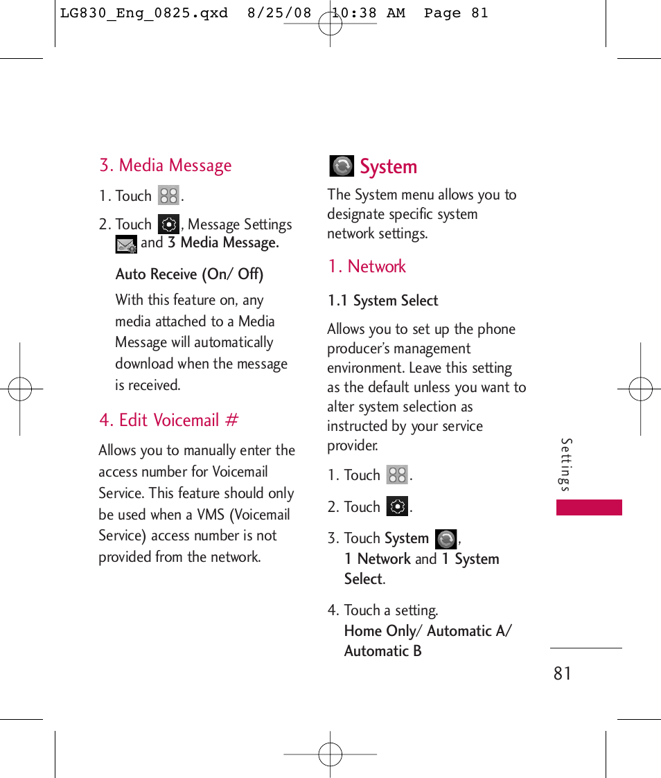 System, Media message, Edit voicemail | Network | LG LG830 User Manual | Page 83 / 255