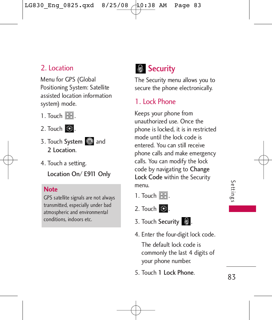 Security, Location, Lock phone | LG LG830 User Manual | Page 85 / 255