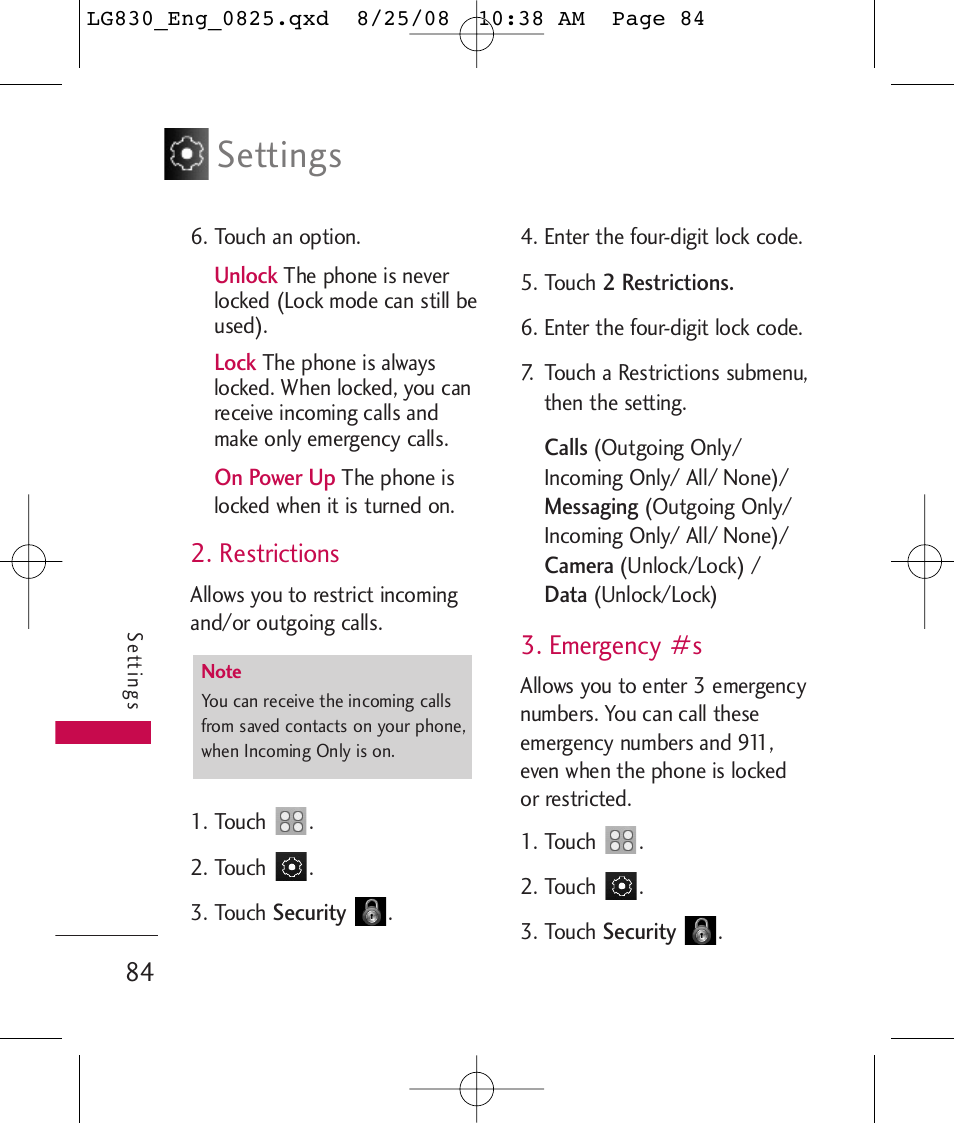 Settings, Restrictions, Emergency #s | LG LG830 User Manual | Page 86 / 255