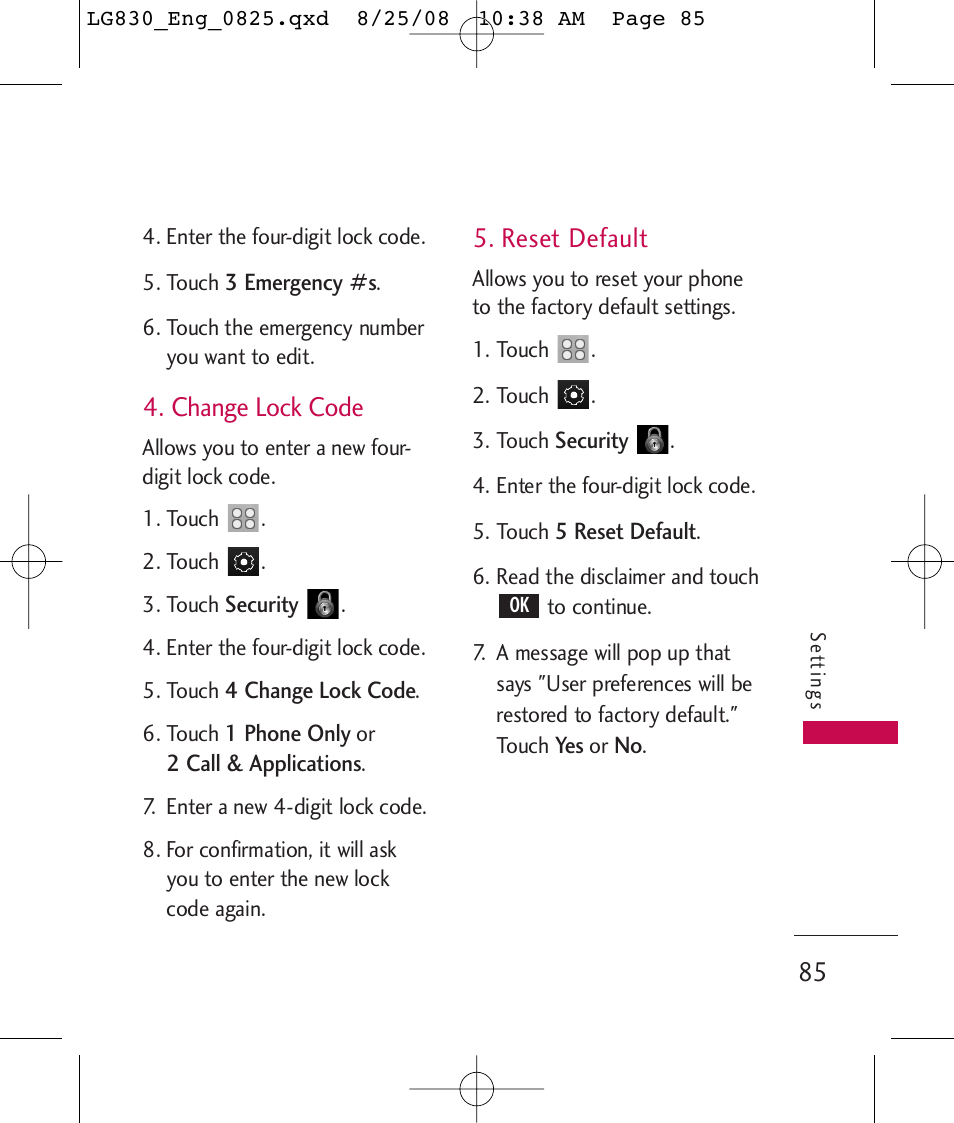 Change lock code, Reset default | LG LG830 User Manual | Page 87 / 255