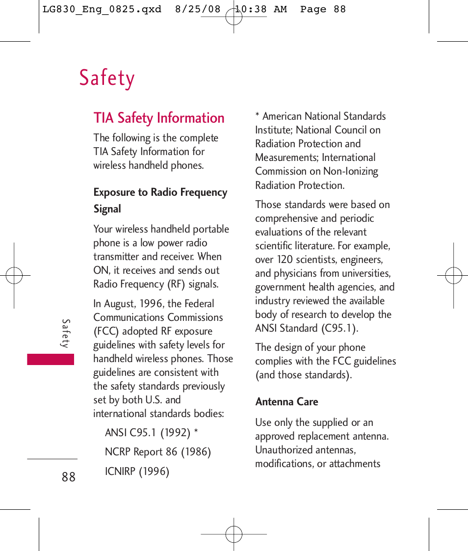 Safety, Tia safety information | LG LG830 User Manual | Page 90 / 255