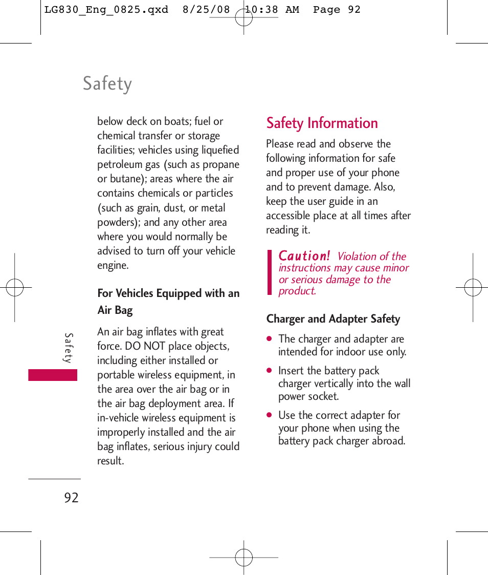 Safety, Safety information, Ccaauuttiioonn | LG LG830 User Manual | Page 94 / 255